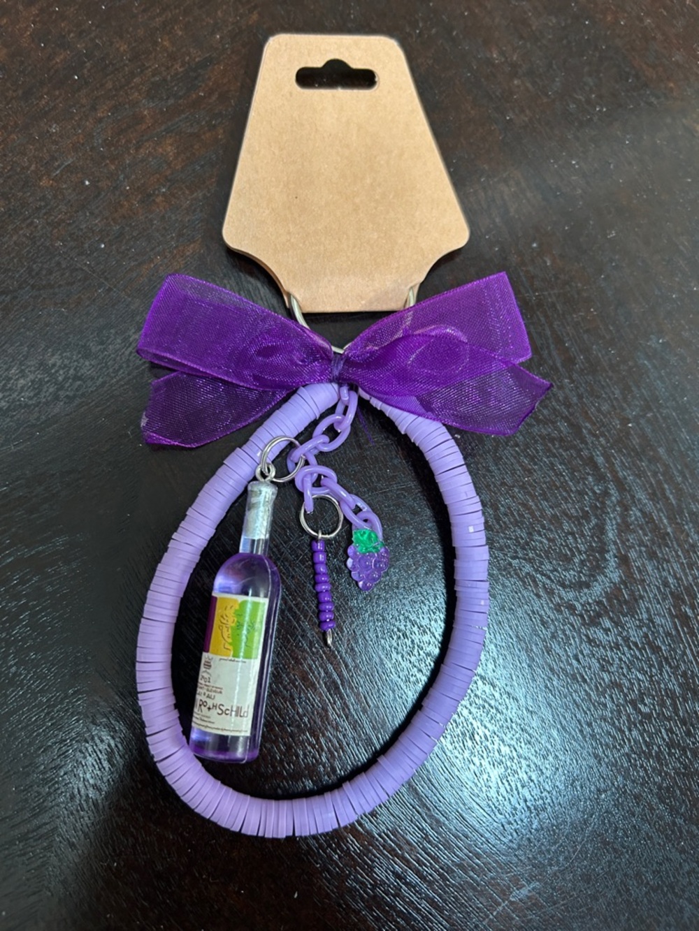 Handmade by my mom! Purple Beaded Wine Bottle bag Charm with Bow